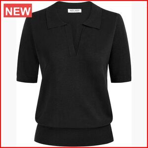 V-Neck Short Sleeve Polo Sweater Ribbed Pullover 65% Viscose 35% Acrylic